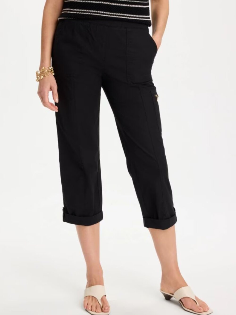 Chico's Black Poplin Cropped Roll Tab Pants Size 3.5 (18)